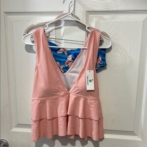 Beachsissi Pink Ruffled V-Neck Top and floral bottoms